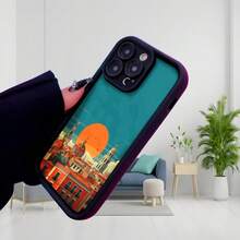 Fundas de teléfono transparentes y modernas,Cubierta de teléfono con diseño de ciudad al atardecer color turquesa con edificios históricos y sol naranja ideal para uso diario en interiores y exteriores Aplicable a teléfonos Apple y Galaxy - Blanco - Ver 3