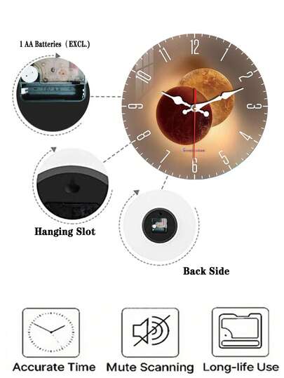 Pc 10 Inch/12 Inch Verlichting Shadow Art Frameless Wood Wand Clock, Planet Pattern, Silent Non Ticking, Living Room, Bedroom, Dining Kitchen, Office Home ation Crafts, Round Friends, Battery Powered (No Battery) Room view 8