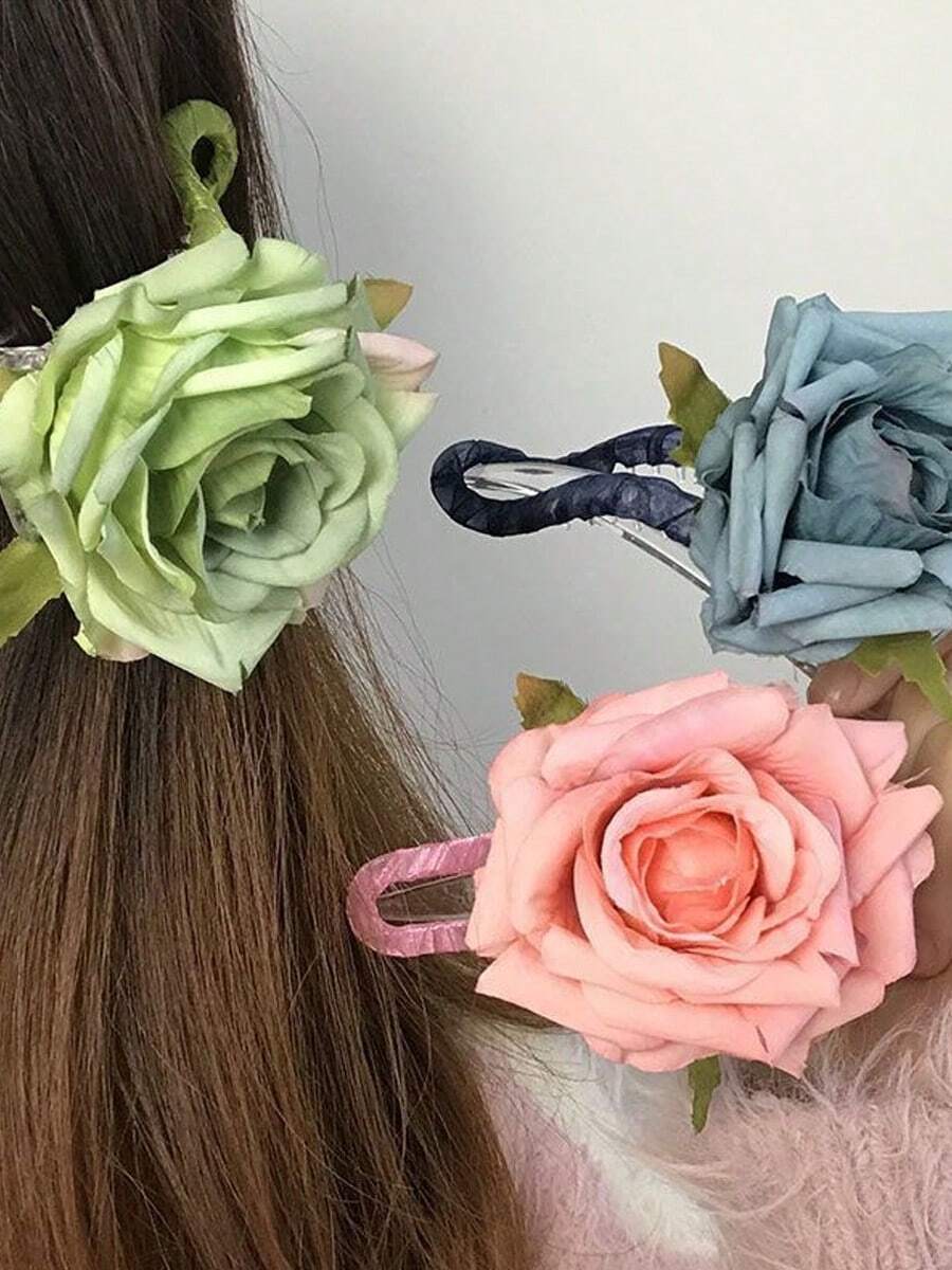 3pcs Rose Flower Hair Clip - A Girl's Elegant Accessory That Suits Any Style And Occasion, Hair Accessories, Claw Clips, Hair Slide, Hair Barrettes - Multicolor - View 1