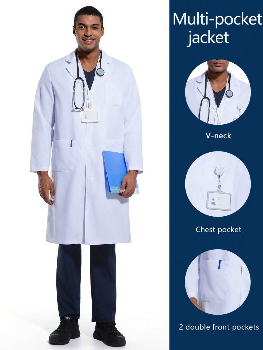 Bata de laboratorio profesional Cimmuovere de manga larga, blanca, unisex - Blanco - Ver 1