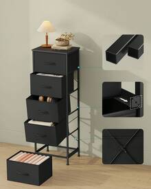 SONGMICS Commode 5 Tiroirs, Meuble de Rangement pour Chambre, Acier, Panneau MDF, Tissu Non-tissé, pour Couloir, Entrée, Salon, Noir d'encre et Noir Boisé - Noir - Voir 6