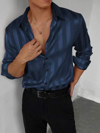 WAIT HIM Men's Striped Print Button-Front Casual Long Sleeve Shirt