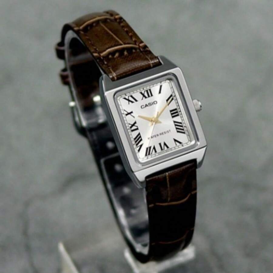 Casio Women's Watch, Square Brown Leather Strap, Stainless Steel Case, Analog Quartz, Water Resistant - one-size - View 1