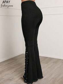 时尚珍珠装饰喇叭牛仔裤 - 棉混纺弹力修身牛仔裤，适合女士春季派对和日常休闲穿着，黑色 - 黑色 - 查看 4