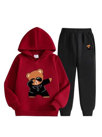 2件套男童卡通熊图案保暖连帽衫和运动裤套装，秋冬季