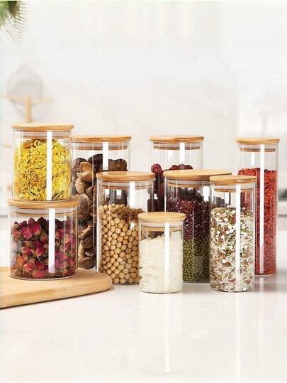 Bocal de rangement en verre borosilicaté hermétique, convenant pour le stockage des grains, céréales, fruits secs, écorces de mandarine et feuilles de thé. Design cylindrique droit avec couvercle en bambou, minimaliste et transparent, idéal pour l'organisation de la maison. Parfait pour les cadeaux de Noël, les fournitures de cuisine et les boîtes de conservation alimentaire.