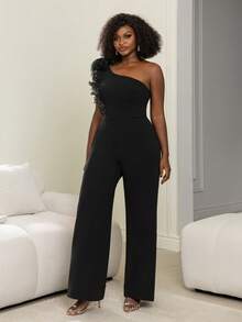 Faeriesty One-Shoulder Jumpsuit: Pleated Floral Accents & Wide-Leg Silhouette. Glam Party Style.. Wedding Black - Black - View 7