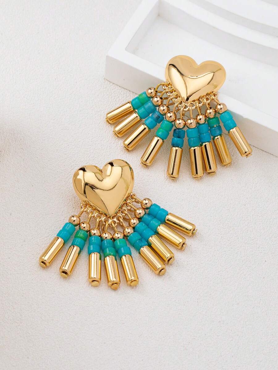 1对时尚经典心形流苏个性化耳环，简约百搭高端日常佩戴 - 薄荷藍 - 查看 1