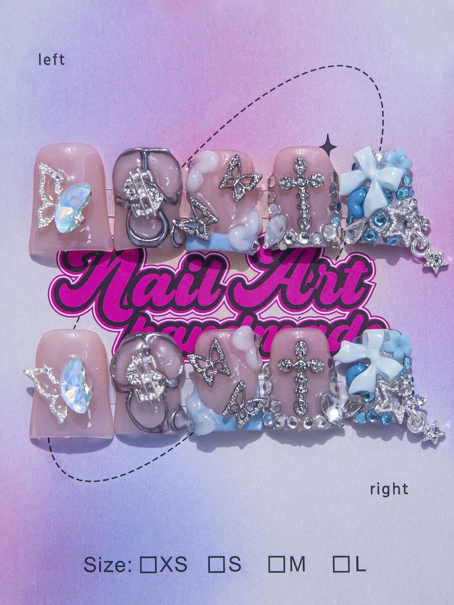 10片/包 手工制作 Y2K 风格法式美甲贴纸，裸色和黑色，蝴蝶结、水钻、花朵装饰，适合女性和女孩参加派对、婚礼、日常佩戴，是送给她的绝佳礼物。 - 藍色 - 查看 1