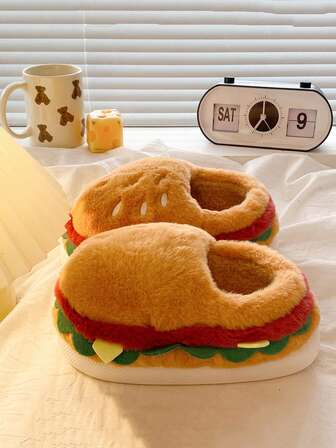 Women Fluffy Slippers Home Flat Luxury Designer Shoes Winter Cute Hamburger Girls Slides Warm Footwear Indoor Female Wrap Heels Slippers