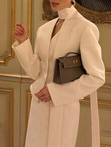 女士休闲简约通勤时尚垫肩系带白色西装外套，优雅简约，适合日常通勤、约会、情人节、新年、春季等场合。 - 白色 - 查看 3