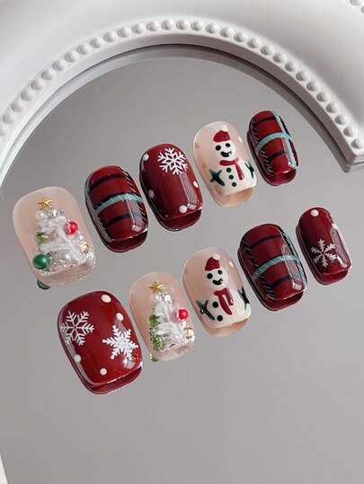 10 Stück kurze quadratische rote handbemalte karierte Kunstnägel, kirschrot mit unregelmäßig geformten Schneeflocken, handbemalte Weihnachtsbäume mit bunten Perlen, handbemalte Schneemänner sind süß und vielseitig, neue kurze Nägel für Herbst und Winter, Aufklebe-Acrylnägel, Weihnachtsnägel, DIY Nagelbedarf, Aufklebe-Nägel, kurze Aufklebe-Nägel, kurze Nägel, Weihnachts-Aufklebe-Nägel