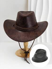 1pc Vintage Western Cowboy Style Hat, Made Of Soft PU Cord, Suitable For Halloween, Daily Wear, Travel, Holiday Celebration, Sun Protection, Outdoor