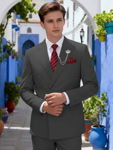 Men's Formal Suits 6 Pieces Tuxedos Set, Men's One Button Jacket Slanted Lapel Vest Pants Suit Set With Tie Brooch Pocket Square For Business Dinner Wedding Party, Suitable For Formal Occasions, Perfect Gift For Business Professionals Spring/Summer/Fall, Formal Attire|Sleek Formal Attire|Nonstretch Fabric - 灰色 - 查看 8