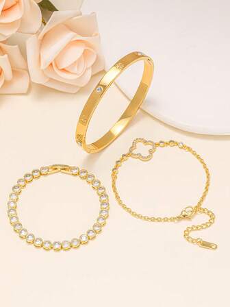 3pcs Fashionable Stainless Steel Zirconia Bracelets For Women, Suitable For Party, Gathering, And Daily Wear