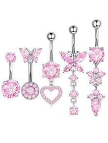 5pcs Dangle Belly Button Rings 4 Color Choose Stainless Steel Navel Piercing Jewelry For Women 14G Belly Button Piercing Butterfly Heart Dangling Belly Rings