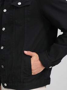 Men's Regular Fit Denim Jacket, Casual Black Streetwear Outerwear, Fashionable , Spring/Autumn - Black - View 5