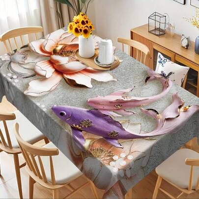 1pc New Chinese Style Koi Fish Theme Tablecloth, Niche Home Aesthetics Tablecloth, Durable Polyester Material, Easy To Clean, Essential For Family Gatherings, Suitable For Daily Dining Room, Living Room, Family Gatherings, Theme Parties, Indoor/Outdoor Use