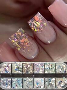 12pcs Mermaid Hexagon Nail Glitter, Chameleon Mirror Nail Powder, Aurora Rainbow Powder, Wedding Chrome Gold Nail Art Decorations Nails - Multicolor - View 4