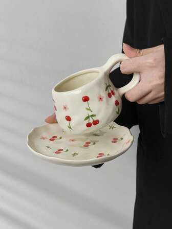 一套可爱樱花陶瓷咖啡杯碟套装，手绘釉面马克杯，早餐牛奶杯，面包盘，办公水杯，拉花杯，果汁饮料杯，情侣水杯，节日礼物杯，圣诞礼物