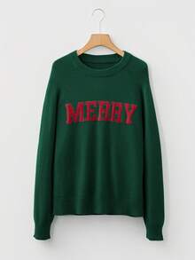 Acelitt كنزة صوفية كاجوال بنمط حرف "MERRY" باللون الأبيض للكريسماس - أخضر - مشاهدة 3