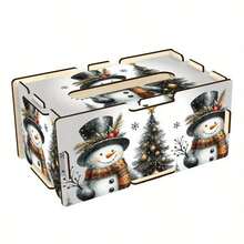 1 Caja de pañuelos de madera hecha a mano, caja de almacenamiento reutilizable, perfecta para la decoración del hogar y la oficina, regalo festivo ideal para todas las ocasiones, patrón de muñeco de nieve navideño, regalo hecho a mano, caja, decoración navideña.