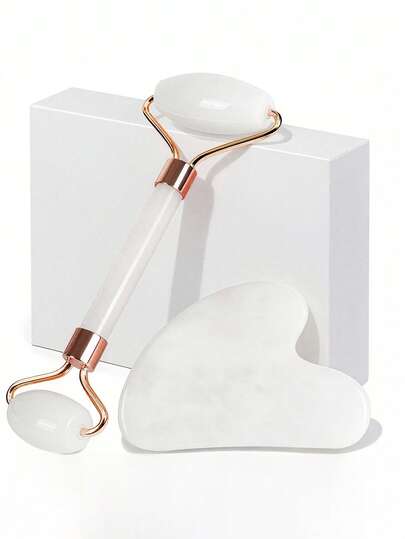 面部美容按摩工具套装，包含滚轮、按摩板、背部刮痧板，粉色和白色可选