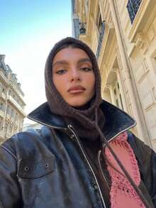 New 2-In-1 Knitted Hooded Scarf Balaclava Hat, Thick Warm Wool Scarf For Winter, Fashionable And Versatile Face Accessory - Coffee Brown - View 2