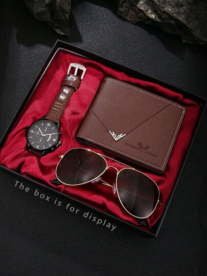 3pcs Men's Watch Gift Set + Sunglasses + Wallet, Fashion Casual Retro Minimalist Business Luxury Stylish Men's Watch, Essential Daily Accessories For Men, Ideal Gift For Anniversary, Valentine's Day, Birthday, Shopping Festival