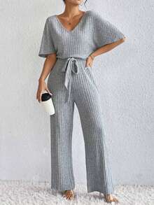 Plus Size V-Neck Short Sleeve Loose Jumpsuit, Casual Outfit For Outing