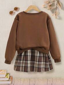 Toddler Girls' Letter Print Round Neck Long Sleeve Top And Plaid Skirt Set - Coffee Brown - View 2