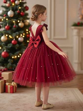 Girls' Christmas Elegant Mesh Patchwork Beaded Bow Decor Party Dress, Suitable For Birthday, Party, Banquet And Other Formal Occasions