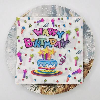 20PCS 33x33cm 2-Ply Happy Birthday Printed Napkins, Colorful Cake Design Party Supplies For Celebration Decorations