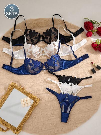 3 Conjuntos de 6 piezas de Sujetadores Cómodos y Suaves para Mujer con Bordado de Flor de Lis y Patrón de Corazón, Estilo Homewear con Parte Superior Corta y Tanga Cómodos con Soporte Lateral Suave