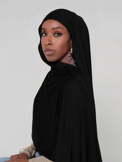 1pc Women's Simple Classic Solid Color Elegant Casual Edged Scarf, Premium Knit Fabric Viscose Jersey Hijabs Scarf, Long Turban Style Headscarf, Suitable For Daily Life, Outings And Gatherings