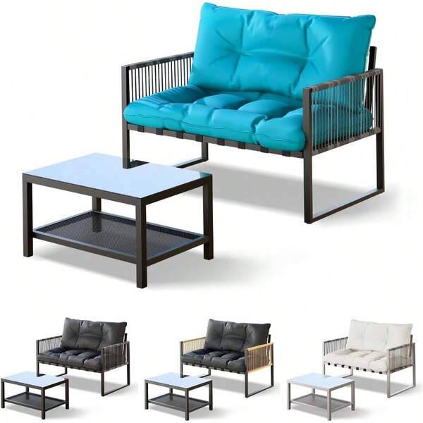 Outdoor Patio Bistro Sofa Set Lounge Setting Conversation Sets Table And Chair Garden Setting With Cushions Black Blue