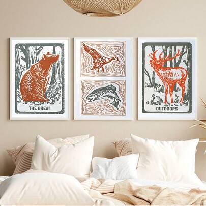 3pcs Outdoors Art Prints Retro Bear Deer Fish Mallard Art Poster Set Of 3 Outdoorsy Wall Prints Office Decor Nature Wall Art Hunting Gift For Dad,Cnvas Wall Art, Room Posters, Home Decoration, Room Decoration Aesthetics, Room Decoration Supplies, Perfect Living Room, Bedroom, Home Office Decoration, Optional Frames