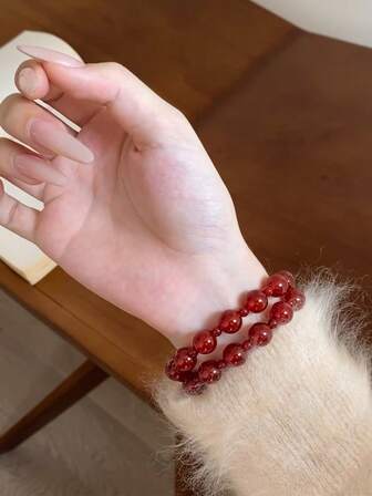 1pc Fashionable Red Agate Bracelet, Double Layer Design With Assorted Red Agate Beads, Elegant Jewelry Accessory Suitable For Women And Girls Daily Wear