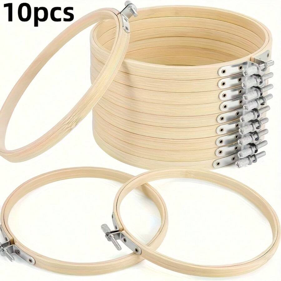 10 Peças Aros de Bordado de Bambu, Anéis Esticáveis Artesanais DIY para Ponto Cruz e Costura - Amarelo Claro
