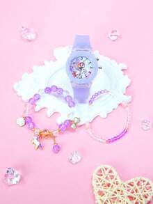 3 pezzi Set orologio e braccialetti con unicorno in quarzo per ragazze - Stile dolce e carino con luce notturna a LED, cinturino in silicone morbido, orologio con pony arcobaleno + 2 braccialetti con perline a forma di unicorno, regalo per compleanni, Natale e rientro a scuola per bambine di età 3-14 anni (Viola)