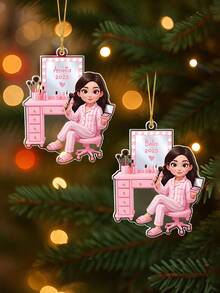Customized 2025 Christmas Girls Makeup Table Acrylic Ornament, Customize Text,Personalized Makeup Artist Ornament, Beauty Lover Gift, Pink Christmas Gifts, Acrylic Cosmetic Ornament - Multicolor - View 3