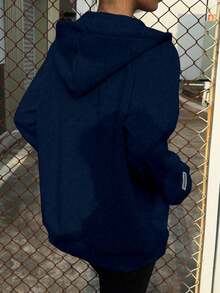 1件少女简约休闲抓绒外套，秋冬季 - 藏蓝色 - 查看 2