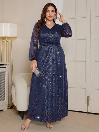 DEARCASE Vestido de manga larga elegante y brillante con textura retorcida para tallas grandes