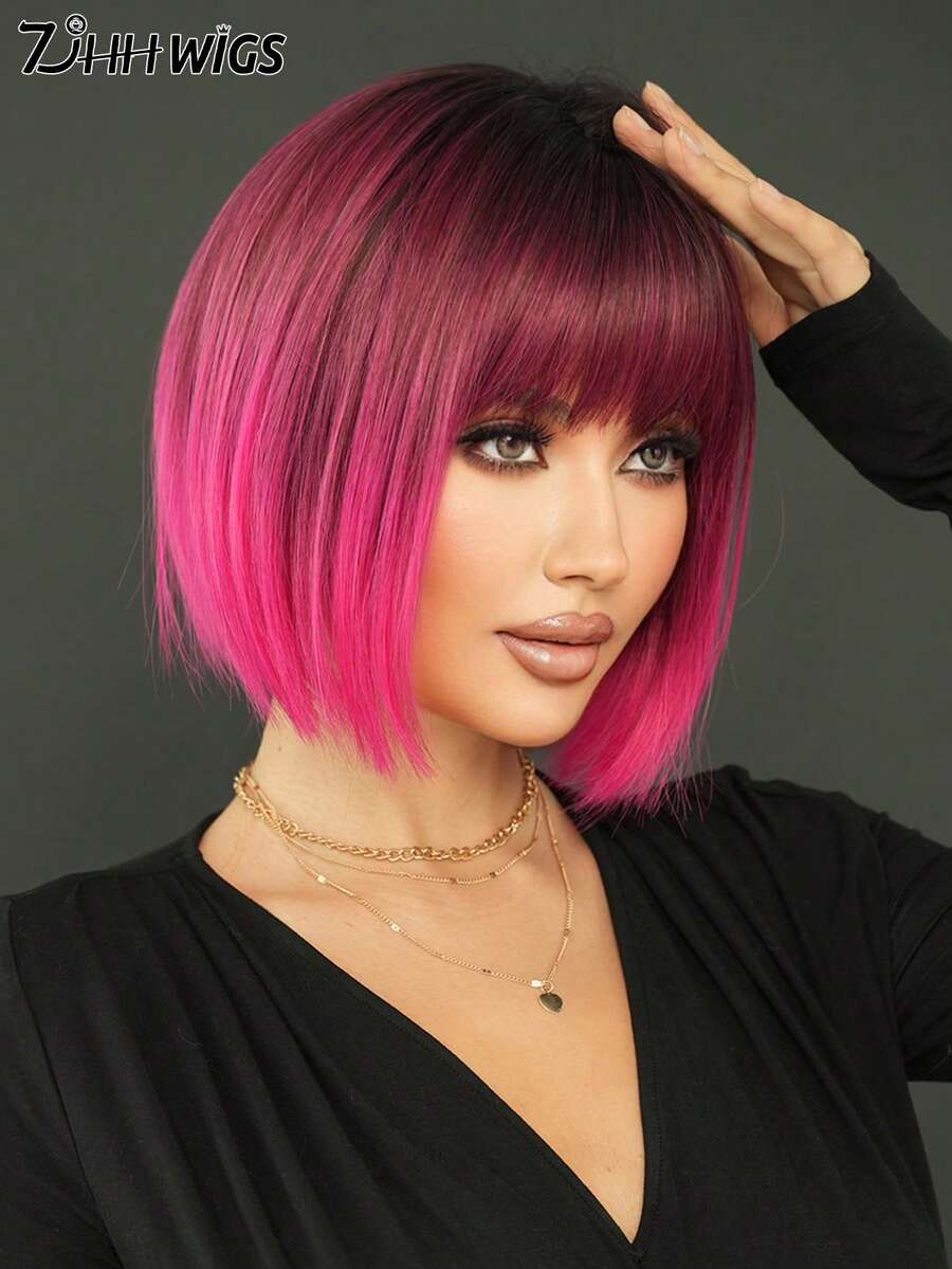 7JHH WIGS 12 Inch Ombre Rose Red Bob Wigs For Women - Gorgeous Short Straight Wigs With Bangs Dark Root, Premium Silky Synthetic Heat Resistant Fiber Fake Hair, Cute Colored Wigs For Daily Wear, Music Festivals Celebrations & Streetwear Special Use, Party Wigs Accessory