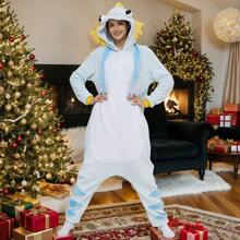 Pijama Unisex de Pelo Entero, Carpa Cartoon Azul Claro Capucha Cremallera, Traje Halloween Navidad Pareja, Ropa Dormir Invierno Otoño, Regalo Adultos Hogar - Celeste - Ver 9