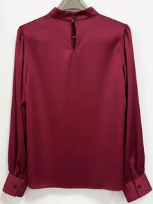 Women's Elegant Burgundy Satin Blouse - Fashionable Turtleneck Long Sleeve Silky Top, Suitable For Party And Office Wear - Wine Red - View 8