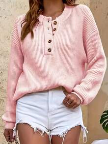 [Casual Pullover Sweater] Women's Casual Pullover Sweater With Button Detail - Soft Round Neck Long Sleeve Solid Color Cozy Fall Winter Tops, Sweater, Autumn Wardrobe, Durable Knitwear - 粉色 - 查看 1