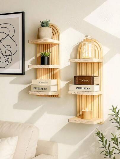 1-3 Layers Wooden Modern Arched Wall Minimalist Floationg Boho Shelf,Geometric Floating Planter Holder, Plant Shelf, Plant Propagation Shelf, Wall Art Candle Holder,Crystal Treasure Small Objects Display Stand,Room Decor For Bedroom,Living Room,Kitchen,Nursery,Gift For Move