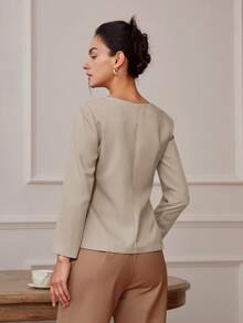Women's Solid Color Waist Cinched Square Collar Blazer, Versatile For Commuting - Khaki - View 2