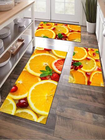1 pieza Felpudo de cocina con patrón de cítricos, cerezas y granada, estilo granja moderna, absorbente y de secado rápido, alfombra de pasillo, felpudo de entrada interior, felpudo de cocina grueso y suave sin olor, decorativo y antideslizante, fácil de limpiar
